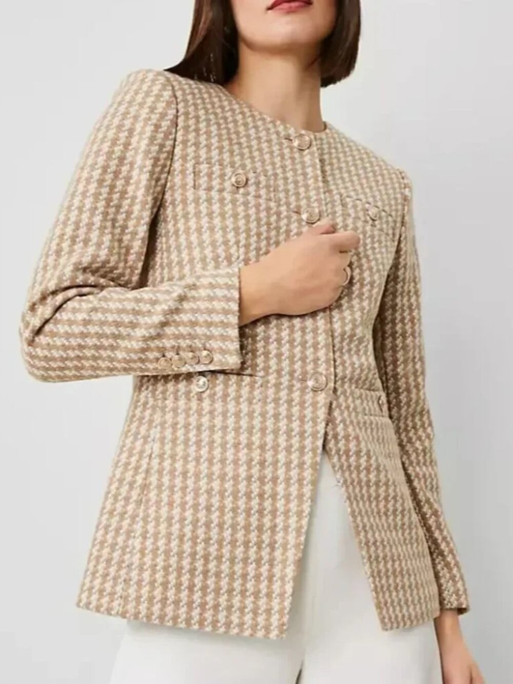 NWT Ann Taylor Houndstooth Tweed Jacket Beige Cream Sz 6